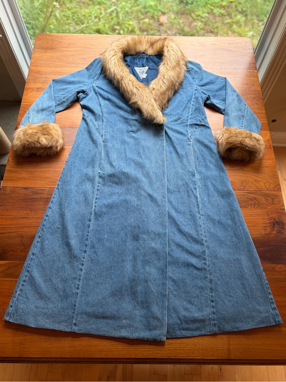 Marvin Richards Blue Denim Trench Coat with Tan Faux Fur Trim